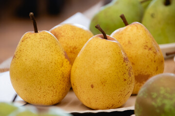 Close-up of pears on the table at harvest market