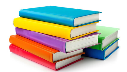 Many bright colorful books against white background