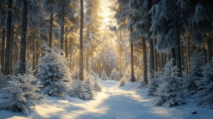 Snow blankets the ground and pine trees as warm sunlight shines through, creating a peaceful winter atmosphere in the forest