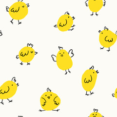Pattern with chick character hand drawn. Vector illustration in doodle style. Happy Easter animal element with yellow chicks. Kids vector illustration.