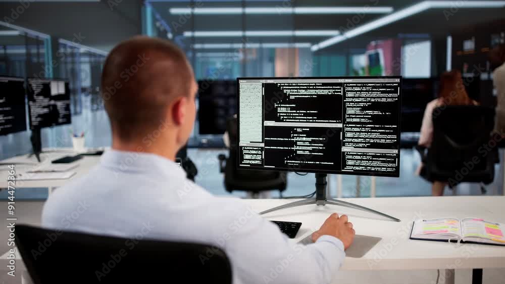 Fototapete African American Coder Using Computer At Desk