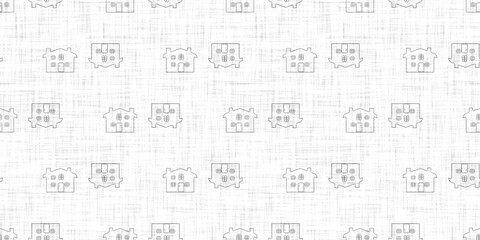 White neutral minimal house motif with Linen effect texture for baby nursery seamless background. Modern muted simple soft motif pattern for wallpaper , home decor white gray design. 