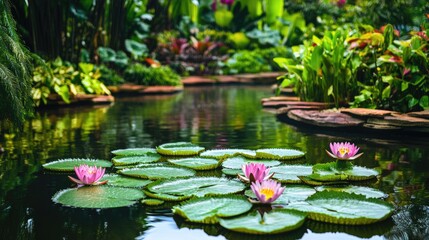 Serene garden pond with water lilies, surrounded by lush greenery, offering a peaceful and picturesque scene with ample copy space.