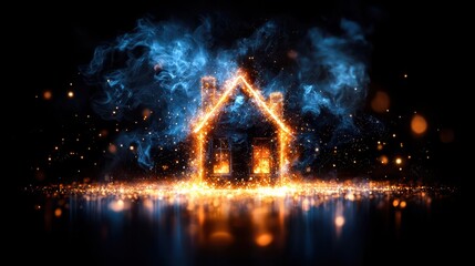 Fototapeta premium A mesmerizing digital illustration of a glowing house surrounded by vibrant blue smoke and sparkles, symbolizing warmth and comfort.