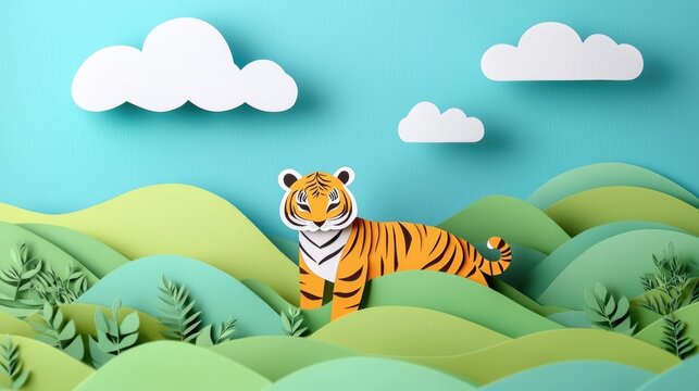 paper cut style illustration tiger colorful 3d filed green hills whimsical clouds