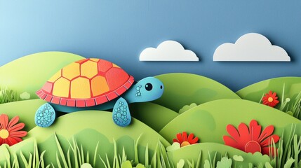 paper cut style illustration turtle colorful 3d filed green hills whimsical clouds