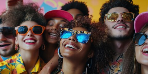 A group of individuals wearing sunglasses and hats, perfect for use in fashion or lifestyle imagery