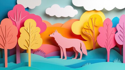 paper cut style illustration wolf colorful 3d filed green hills whimsical clouds