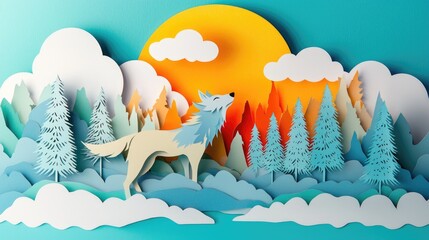 paper cut style illustration wolf colorful 3d filed green hills whimsical clouds