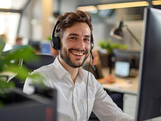 Smiling Young Man in His 20s Working as a Customer Support Representative Wearing a Headset and Using a Desktop Computer in a Contemporary Office High Resolution Image