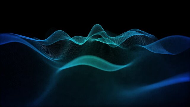 Abstract blue wave form animated loop with blue light digital effect on black background. Network communication wave signal technology futuristic concept. 