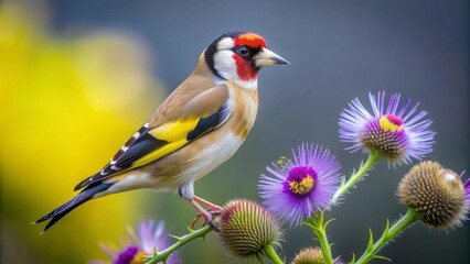 Bright Yellow Goldfinch Perched on a Thistle Branch with Purple Flowers
