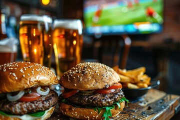 Burgers, French fries and beer in the bar against the background of a TV showing a football match. © Vasiliy