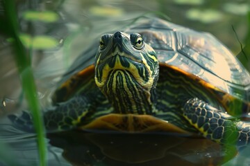 Obraz premium A joyful turtle soaking up the warm sunlight with a radiant expression on its face.