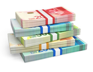 Stacks of Israeli Shekel currency banknotes