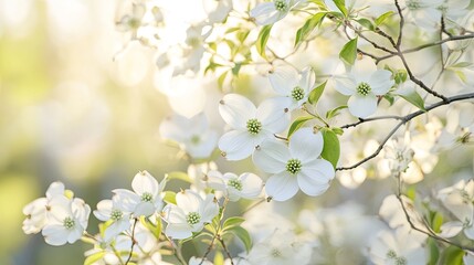 White flowers of a dogwood tree in full bloom, creating a graceful backdrop with plenty of copy space.