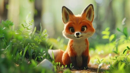 Fototapeta premium Cute Adorable Whimsical 3D Cartoon Baby Fox Character in a Vibrant Natural Green Environment, Children-Friendly Fantasy Style