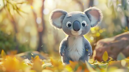 Cute Adorable Whimsical 3D Cartoon Baby Koala Character in a Vibrant Natural Green Environment, Children-Friendly Fantasy Style