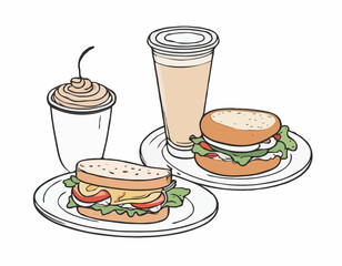 Latte and sandwich. Hand drawn outline sketch vector illustrationt with color fills isolated on white background
