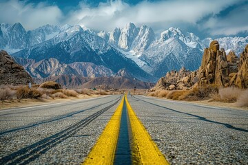 Asphalt Path Leading Towards Majestic Mountains