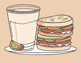 Latte and sandwich. Hand drawn outline sketch vector illustrationt with color fills isolated on white background
