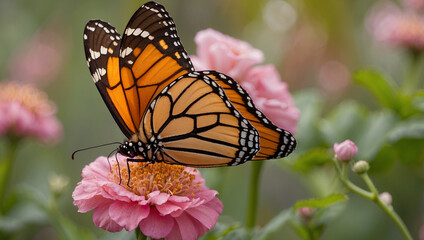 Fototapeta premium A monarch butterfly with orange and black wings is perched on a pink flower. There are green leaves and buds in the background.