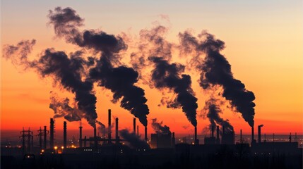 Fototapeta premium Industrial Smoke Stacks Emitting Pollution Against Sky, Environmental Impact