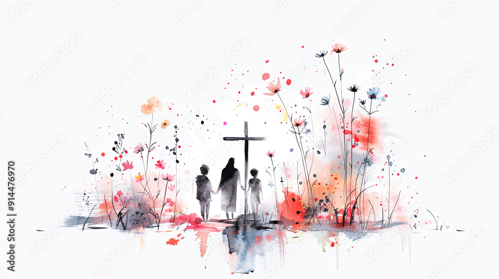 Wall mural Mother with her two children walking towards cross faith family christianity religion god jesus christ belief hope love watercolor painting illustration art abstract background design concept