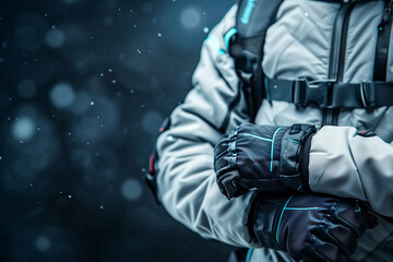 Close-Up of Person in Winter Gear with Snowflakes Falling in a Cold, Snowy Environment