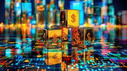 Colorful digital composition featuring money blocks on a futuristic tech background, symbolizing finance and investment.