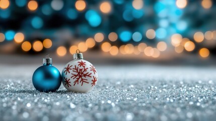 Fototapeta premium Close-up of festive Christmas ornaments on glittering snow, with a blurred bokeh background of blue and warm lights.