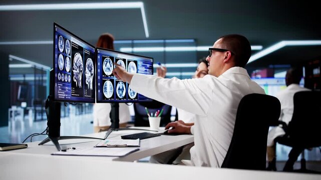 Doctors In Clinic Looking At Brain MRI Scan