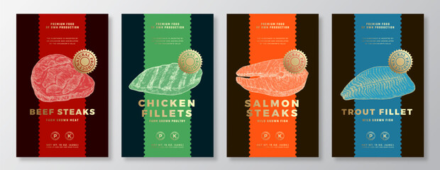 Beef and Salmon Steak, Chicken Fillets Vector Packaging Label Design Templates Set. Product Banner, Hand Drawn Meat, Fish and Poultry Sketches. Food Background Layout with Gold Foil Isolated