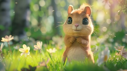 Cute Adorable Whimsical 3D Cartoon Baby Squirrel Character in a Vibrant Natural Green Environment, Children-Friendly Fantasy Style