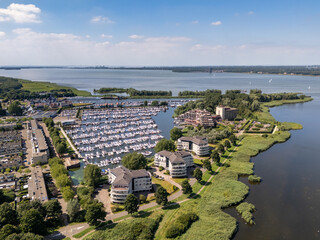 Aerial drone photo of the marina in the town of Huizen, the Netherlands.