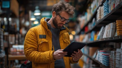 A Man Chooses A Product In A Store. Illustration On The Theme Of Lifestyle, Shopping, Stores And Man.  Generative AI	
