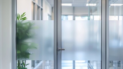 Office aluminum sliding window, decorative glass film on door, close-up frosted thick film for privacy.