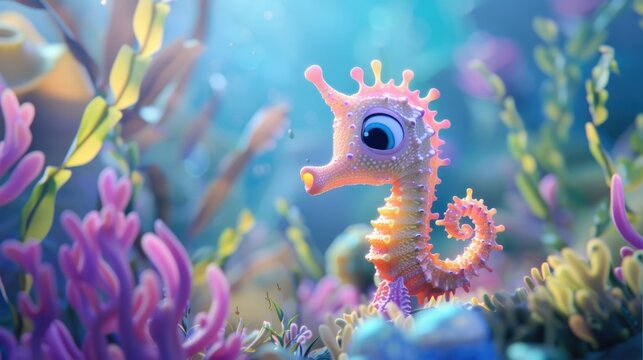 a cute adorable seahorse character underwater in the style of children-friendly cartoon animation fantasy 3D style Illustration