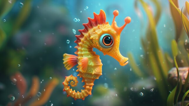 a cute adorable seahorse character underwater in the style of children-friendly cartoon animation fantasy 3D style Illustration