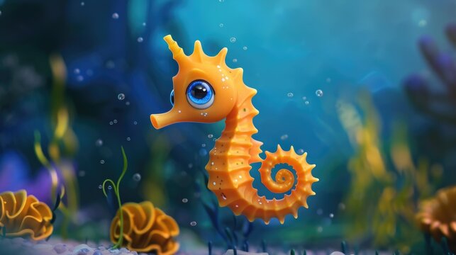 a cute adorable seahorse character underwater in the style of children-friendly cartoon animation fantasy 3D style Illustration