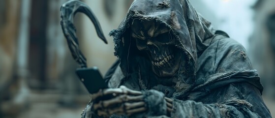 Death With A Scythe And A Modern Phone In His Hands. Illustration On The Theme Of Humor, Halloween, Death And Horror . Generative AI	
