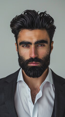 Obraz premium A man with a beard and a suit is standing in front of a white wall