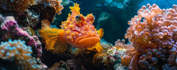 Fototapeta premium Vibrant frogfish camouflaged among coral, 4K hyperrealistic photo