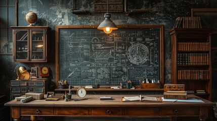 Vintage scientist's desk with chalkboard - generative ai