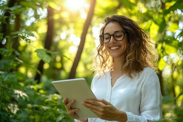 Obraz premium Young Woman Enjoying Nature While Using Tablet in Lush Green Forest During Bright Afternoon