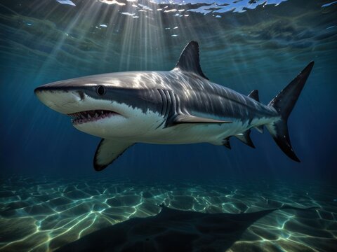 Great White Shark Swimming Powerfully in the Pristine Ocean Depths