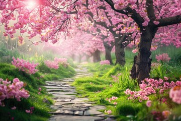 Pathway Through a Cherry Blossom Garden