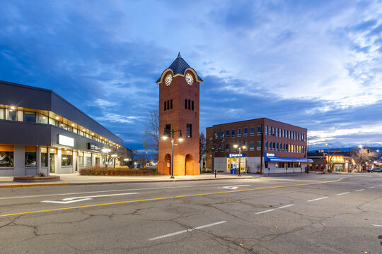 Clock tower in the downtown illuminated in twilight in Cranbrook, BC, Canada