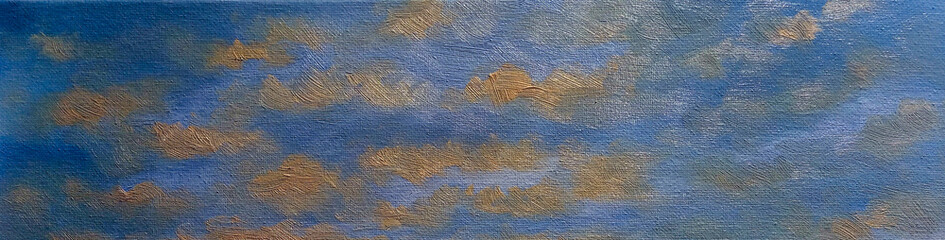 Oil paintings landscape, sky, background with clouds, blue and white background, blue paint on the wall