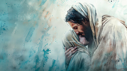 Jesus Christ comforting a person love forgiveness Christianity faith God hope compassion healing prayer religion spiritual belief Jesus love savior son of god messiah christianity concept abstract
